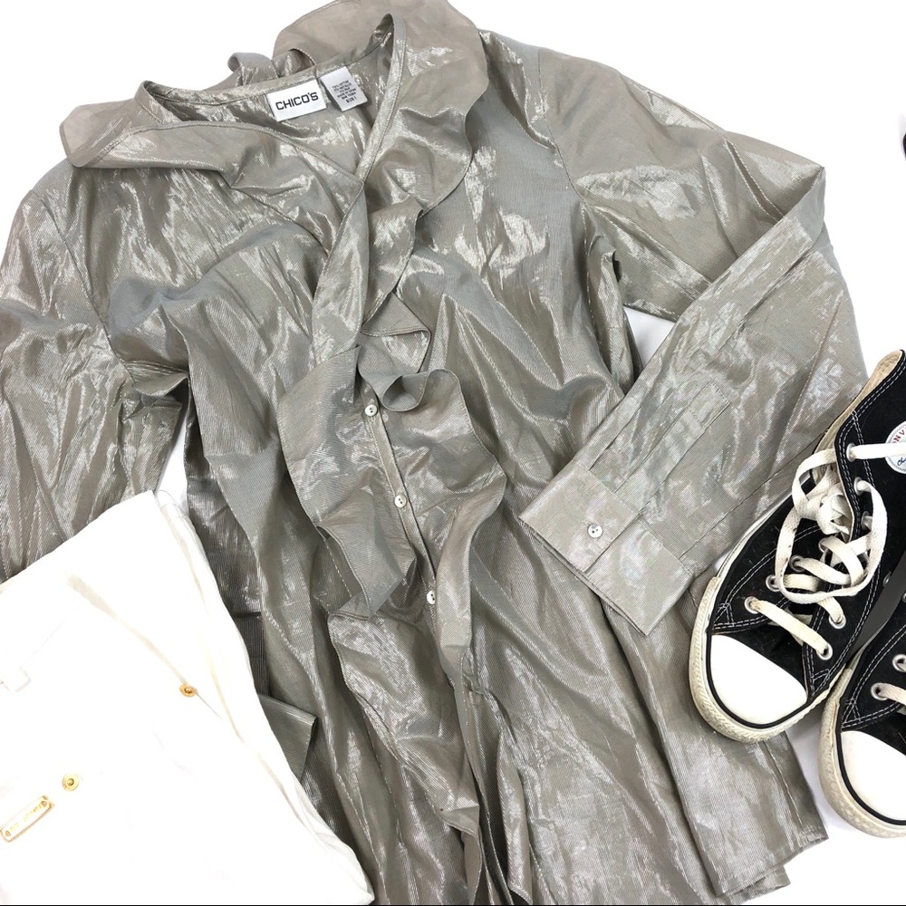 Chico Metallic Ruffle Buttoned Blouse M
